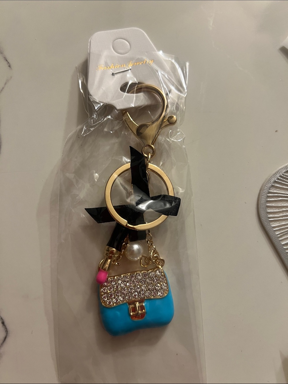 Gold Keyring Bag Charm with Purse and Rhinestones